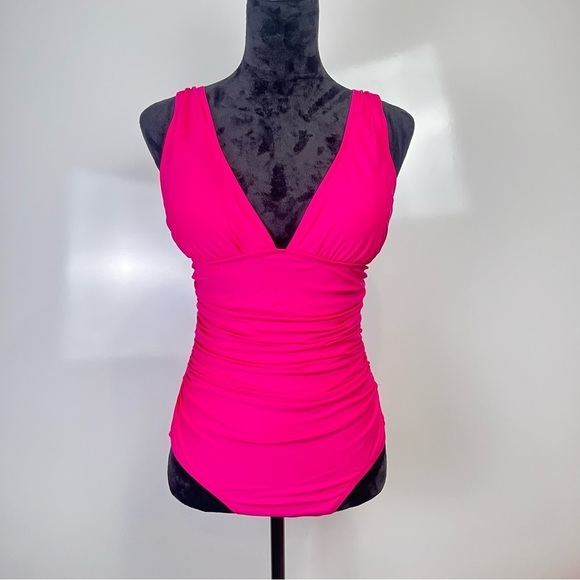 J Crew Ruched V-neck One Piece Hot Pink Fuschia - Picture 1 of 8